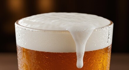 Frothy Beer Overflowing Glass: Close-up of Dripping Foam, Refreshing Drink.