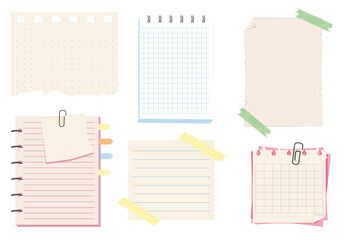 Different note papers, memo pages with paper clip and adhesive tape. Set sticky remind blanks, sheets, stickers. Checklist ripped torn edge paper.