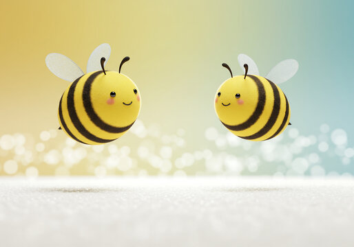 cute cartoon bees with smiling faces and wings on soft pastel background

 - Powered by Adobe