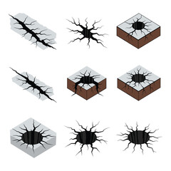 Collection of cracked ground surfaces and holes showing earth texture and impact damage