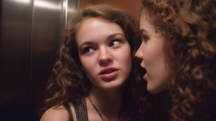 Whispered Secrets Shared in a Cozy Elevator Setting