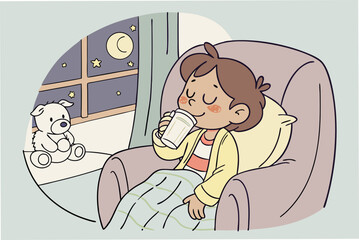 Cozy Child Drinking Warm Beverage by the Window at Night.