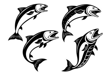 Naklejka premium Dynamic Black and White Jumping Salmon Fish Illustrations.
