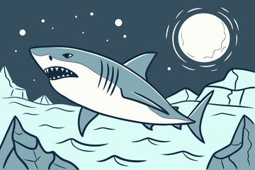 Fototapeta premium Fierce Shark Swimming Under a Full Moon.