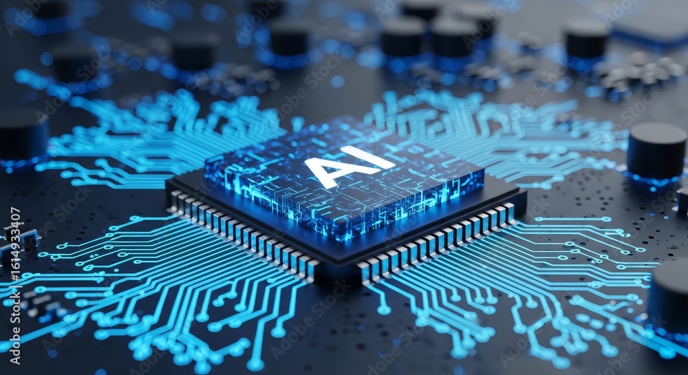 Poster artificial intelligence chip on futuristic circuit board modern ai technology, machine learning, dat
