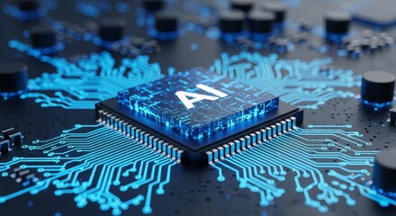 Artificial Intelligence Chip on Futuristic Circuit Board Modern AI Technology, Machine Learning, Data Processing Concept for Innovation and Digital Transformation Projects