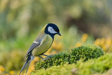 A great tit sits on the ground. Closeuo portrait of a great tit. Parus major. 