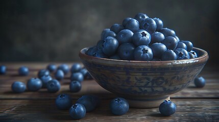 A cluster of ripe and juicy blueberries arranged in a ceramic bowl with a few berries spilling out onto a wooden surface showcasing their deep blue color