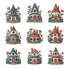 Fototapeta premium Enchanting whimsical cottages adorned with vibrant flowers in a storybook landscape