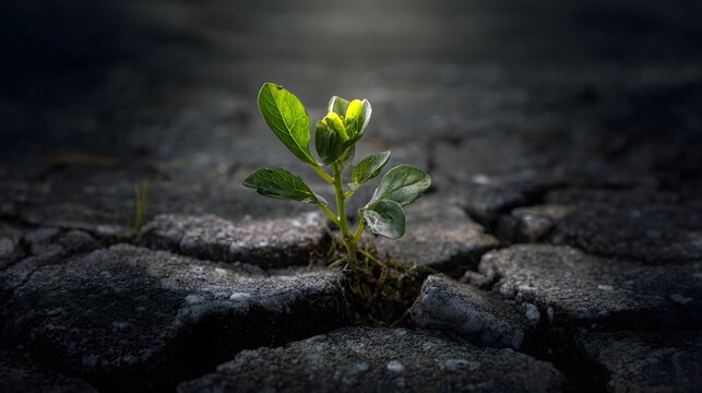 A young green sprout powerfully emerging from the cracks in a dark moody stone surface symbolizing resilience new beginnings and the indomitable spirit of nature