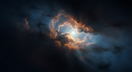 A glowing celestial forge in the heart of a deep space nebula, where new stars are born amidst swirling cosmic gas and dust clouds.