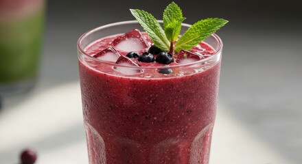 Refreshing Berry Smoothie: Close-up of Icy Red Blend with Mint Garnish