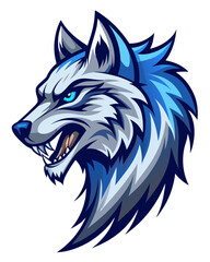 Powerful wolf mascot with piercing blue eyes, fierce teeth, and dynamic fur design for gaming or sports team