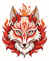 Striking fox mask with intricate fire details, a symbol of power and transformation in Japanese folklore art