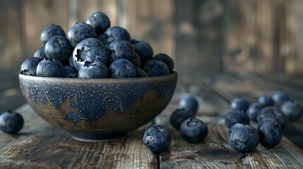 A cluster of ripe and juicy blueberries arranged in a ceramic bowl with a few berries spilling out onto a wooden surface showcasing their deep blue color