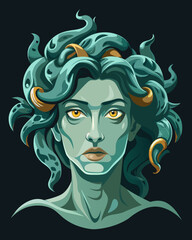 Powerful mythical Medusa with snake hair and golden jewelry embodies ancient Greek legend and beauty
