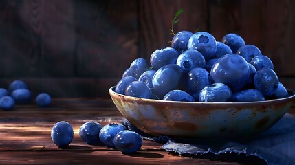 A cluster of ripe and juicy blueberries arranged in a ceramic bowl with a few berries spilling out onto a wooden surface showcasing their deep blue color