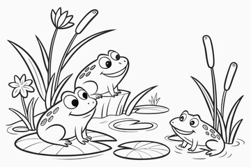 Three Happy Frogs Sitting on Lily Pads.