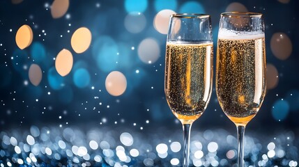 Two glasses of champagne on a blue background. Merry Christmas and happy new year