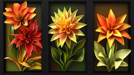 Three vibrant floral still life panels showcasing bold, stylized blooms in warm orange and red hues.  Detailed botanicals, leaf structures, and dark frames