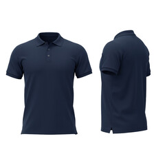 A navy blue polo shirt displayed in front and side views showcasing its classic design and casual style for apparel concepts.