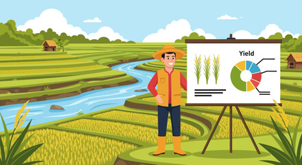 Farmer Analyzing Crop Yields In a Scenic Rice Terrace Landscape