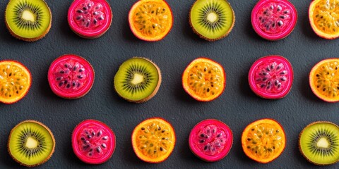 Fototapeta premium Colorful slices of kiwi, passion fruit, and dragon fruit arranged in a neat pattern on a dark background.