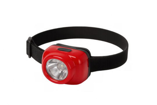 Red headlamp with black headband isolated on transparent background, providing portable illumination for hands-free tasks