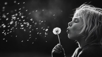 Child blowing dandelion seeds wind nostalgic black and white close up symbolizing innocence and time
