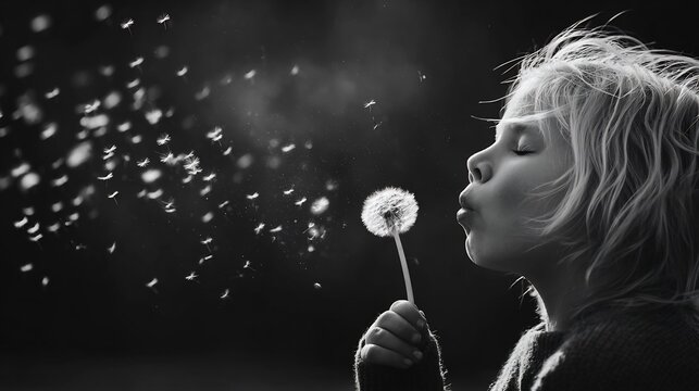 Child blowing dandelion seeds wind nostalgic black and white close up symbolizing innocence and time - Powered by Adobe