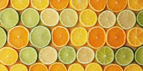 A vibrant, colorful arrangement of sliced citrus fruits including oranges, lemons, limes, and grapefruits, showcasing their juicy textures and fresh appeal.