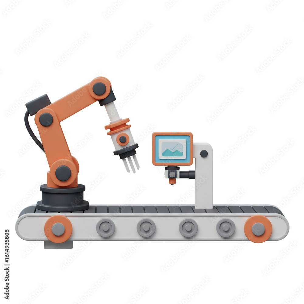 Poster a robotic arm interacts with a screen on a conveyor belt representing automated manufacturing and te