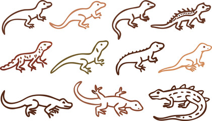 Collection of stylized lizards in various poses and colors on a transparent background reptile animal