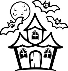 SVG vector illustration of cartoon Halloween decorations.Spooky Haunted House with Bats and Moon Illustrations