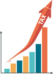 Fototapeta premium A bar graph showing rising taxes, with an arrow shaped like a rocket pointing upwards.