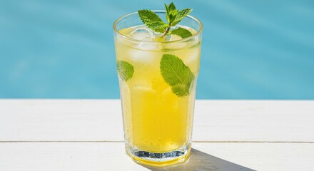Refreshing Lemonade with Mint and Ice, Summer Drink on White Table