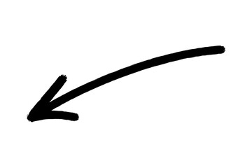 Hand drawn artistic black arrow pointing downward, slightly curved, ideal for presentations and designs on transparent background