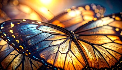 Close-up of two butterfly wings backlit by a warm light, showcasing intricate wing details and vibrant colors