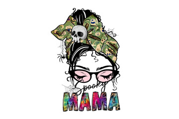 Spooky Mama – Halloween Hair Bun Woman with Glasses and Skull Sublimation design