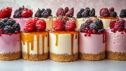 Mini cheesecakes topped with berries and caramel drizzles.