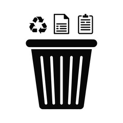 Recycle bin with paper and recycle symbol black and white