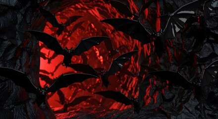 Bats Swarm Red Lit Cave, Halloween, Horror, Spooky, Mysterious, Nocturnal, Flight, Eerie, Vampire