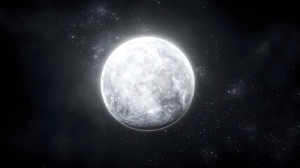 Fototapeta premium Full moon in a dark, star-speckled space. A bright, round orb of light against a backdrop of dark, swirling nebula and scattered stars