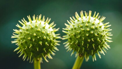 Close-up of two spiky, unripe green seed pods on stems against a blurred background