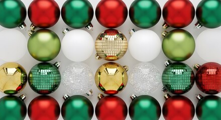 Vibrant Christmas Ornaments Pattern, Holiday, Festive, Red, Green, Gold, White, Baubles, Celebration, Decor