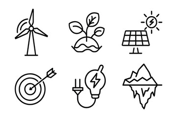 A black and white line art icon set illustrating eco-friendly concepts including wind energy, plant care, solar power, melting iceberg, renewable electricity, and goal targeting, ideal for sustainabil