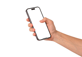Front view of a hand holding a smartphone with a blank customizable screen isolated on transparent PNG.