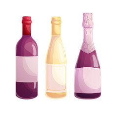 A set of bottles of wine, champagne, grape product. Isolated vector illustrations for posters, banners, restaurant menus