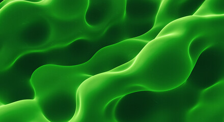 A vibrant green abstract background featuring soft, glowing, and undulating waves. Digital art concept of ethereal fluid motion and smooth energy flow.