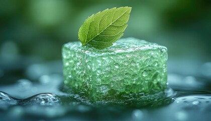 Mint leaf rests on a green ice cube, water flowing around it. Great image for fresh, clean, or environmentally focused projects.